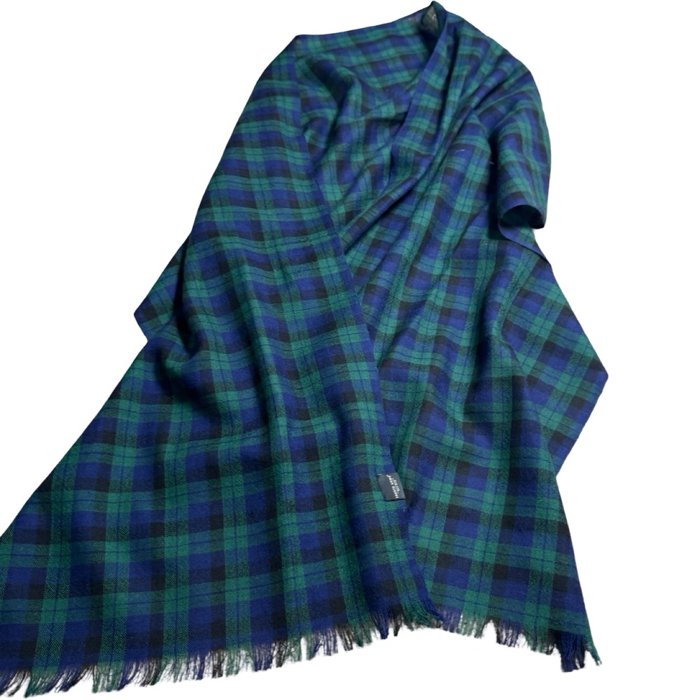 Pronto Uomo Scarf Mens OS Green Blue Plaid Good 100% Wool Black Watch Fringe
